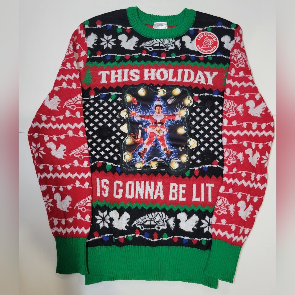 Christmas sweater led light lampoons "the holiday is gonna be lit"
